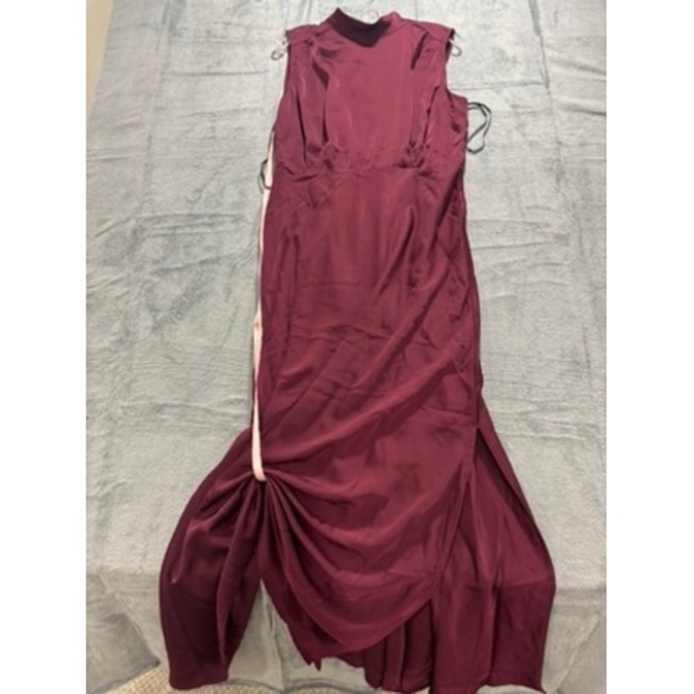 Lulus Burgundy Satin High Neck Draped Maxi Dress Size XL Sleeveless Side Slit - Picture 2 of 13